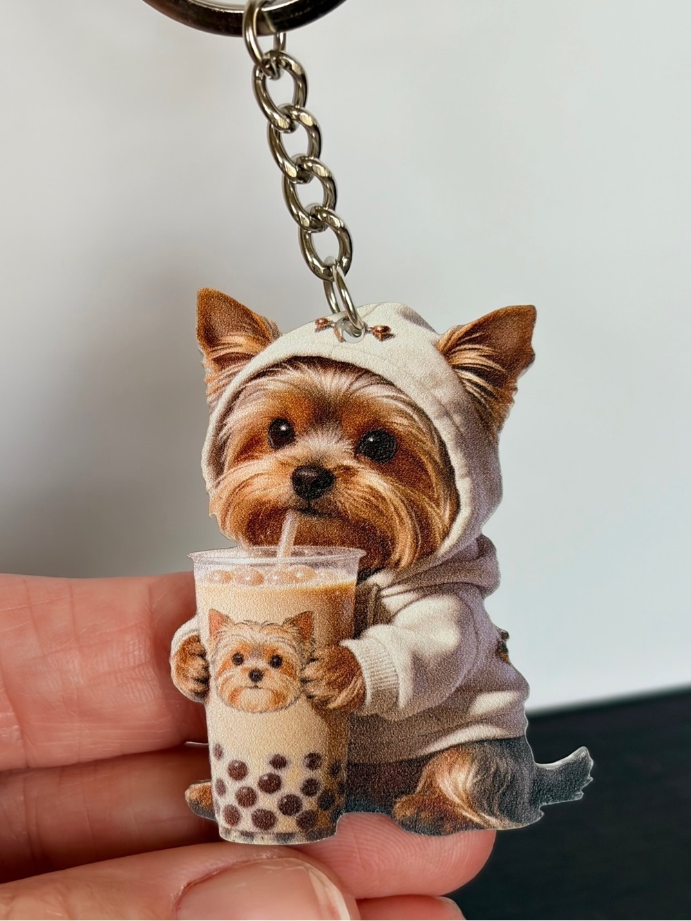 Cute Yorkie Ice Coffee Keychain - Brown & Cream